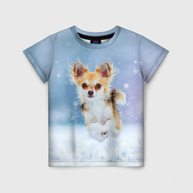 Детская футболка 3D с принтом Чихуахуа в снегу в Тюмени, 100% гипоаллергенный полиэфир | прямой крой, круглый вырез горловины, длина до линии бедер, чуть спущенное плечо, ткань немного тянется | dog | животные | зима | пес | природа | снег | собака | собаки | собакчка | собачки | чихуа хуа | чихуахуа