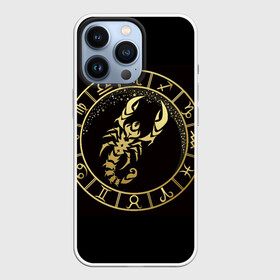 Чехол для iPhone 13 Pro с принтом Скорпион в Тюмени,  |  | Тематика изображения на принте: знаки зодиака | золотой рисунок | скорпион | черный фон