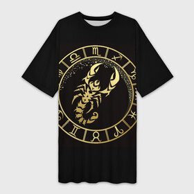 Платье-футболка 3D с принтом Скорпион в Тюмени,  |  | знаки зодиака | золотой рисунок | скорпион | черный фон