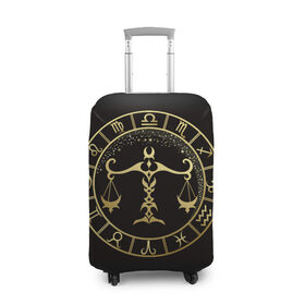 Чехол для чемодана 3D с принтом Весы в Тюмени, 86% полиэфир, 14% спандекс | двустороннее нанесение принта, прорези для ручек и колес | весы | знаки зодиака | золотой рисунок | черный фон