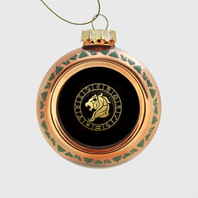 Стеклянный ёлочный шар с принтом Лев в Тюмени, Стекло | Диаметр: 80 мм | знаки зодиака | золотой рисунок | лев | черный фон