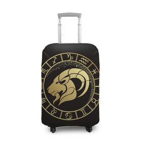 Чехол для чемодана 3D с принтом Козерог в Тюмени, 86% полиэфир, 14% спандекс | двустороннее нанесение принта, прорези для ручек и колес | знаки зодиака | золотой рисунок | козерог | черный фон