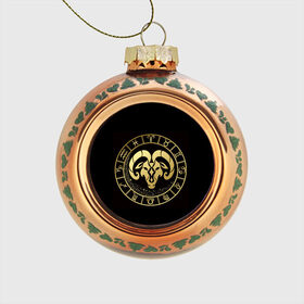 Стеклянный ёлочный шар с принтом Овен в Тюмени, Стекло | Диаметр: 80 мм | знаки зодиака | золотой рисунок | овен | черный фон