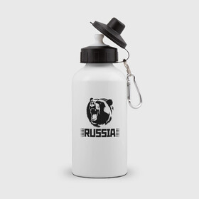 Бутылка спортивная с принтом Russia bear / Медведь Россия в Тюмени, металл | емкость — 500 мл, в комплекте две пластиковые крышки и карабин для крепления | bear | russia | медведь | мишка | россия | рф | черный