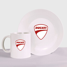 Набор: тарелка + кружка с принтом Ducati Logo (Z) в Тюмени, керамика | Кружка: объем — 330 мл, диаметр — 80 мм. Принт наносится на бока кружки, можно сделать два разных изображения. 
Тарелка: диаметр - 210 мм, диаметр для нанесения принта - 120 мм. | Тематика изображения на принте: audi | audi ag | corse | ducati | ducati corse | ducati motor holding | hypermotard | multistrada | panigale | scrambler | streetfighter | supersport | дукати | массимо борди | мото | фабио тальони