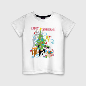 Детская футболка хлопок с принтом Happy Christmas! в Тюмени, 100% хлопок | круглый вырез горловины, полуприлегающий силуэт, длина до линии бедер | bugs | bunny | cat | looney | sylvester | tunes | vdzajul | багз | бани | банни | сильвестр кот | твити