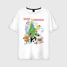 Женская футболка хлопок Oversize с принтом Happy Christmas! в Тюмени, 100% хлопок | свободный крой, круглый ворот, спущенный рукав, длина до линии бедер
 | bugs | bunny | cat | looney | sylvester | tunes | vdzajul | багз | бани | банни | сильвестр кот | твити