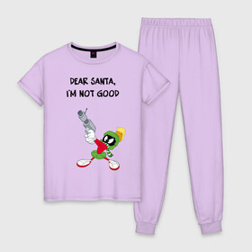 Женская пижама хлопок с принтом Dear Santa Im not good в Тюмени, 100% хлопок | брюки и футболка прямого кроя, без карманов, на брюках мягкая резинка на поясе и по низу штанин | looney | martian | marvin | tunes | vdzajul | марвин | марсианин