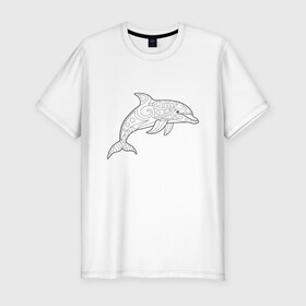 Мужская футболка хлопок Slim с принтом Дельфин линейный с узорами в Тюмени, 92% хлопок, 8% лайкра | приталенный силуэт, круглый вырез ворота, длина до линии бедра, короткий рукав | дельфин | животное | линейный | морское | океанское | узоры | чёрно  белый