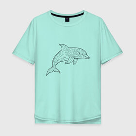 Мужская футболка хлопок Oversize с принтом Дельфин линейный с узорами в Тюмени, 100% хлопок | свободный крой, круглый ворот, “спинка” длиннее передней части | дельфин | животное | линейный | морское | океанское | узоры | чёрно  белый