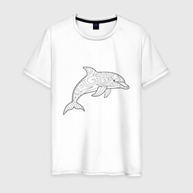 Мужская футболка хлопок с принтом Дельфин линейный с узорами в Тюмени, 100% хлопок | прямой крой, круглый вырез горловины, длина до линии бедер, слегка спущенное плечо. | дельфин | животное | линейный | морское | океанское | узоры | чёрно  белый