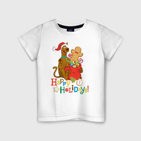 Детская футболка хлопок с принтом Happy holidays в Тюмени, 100% хлопок | круглый вырез горловины, полуприлегающий силуэт, длина до линии бедер | Тематика изображения на принте: 005850 | scooby doo | shaggy | vdkotan | велма | дафна | скуби | скуби ду | шэгги