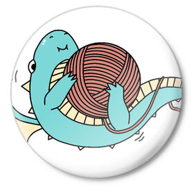 Значок с принтом Маленький дракончик в Тюмени,  металл | круглая форма, металлическая застежка в виде булавки | динозавр | дракон | дракончик | клубок | малыш | нитки