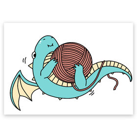 Поздравительная открытка с принтом Маленький дракончик в Тюмени, 100% бумага | плотность бумаги 280 г/м2, матовая, на обратной стороне линовка и место для марки
 | динозавр | дракон | дракончик | клубок | малыш | нитки