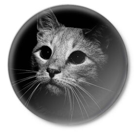 Значок с принтом Чёрный кот в Тюмени,  металл | круглая форма, металлическая застежка в виде булавки | Тематика изображения на принте: животное | кот | кошка | тёмный рисунок | чёрный фон