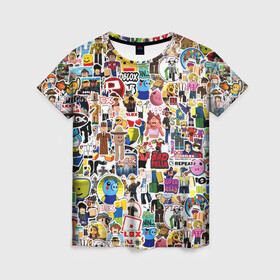 Женская футболка 3D с принтом Roblox | Роблокс в Тюмени, 100% полиэфир ( синтетическое хлопкоподобное полотно) | прямой крой, круглый вырез горловины, длина до линии бедер | game | piggy | roblox | sticker bombing | игра | пигги | роблокс | стикер бомбинг