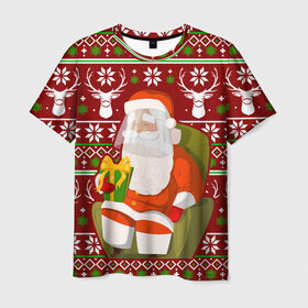 Мужская футболка 3D с принтом Санта с защитным экраном в Тюмени, 100% полиэфир | прямой крой, круглый вырез горловины, длина до линии бедер | deer | happy new year | new year | santa | защитный экран | корона | коронавирус | новогодний свитер | новый год | санта | санта клаус | свитер | свитер с маской | свитер с оленями