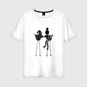 Женская футболка хлопок Oversize с принтом Черно-белые птички в Тюмени, 100% хлопок | свободный крой, круглый ворот, спущенный рукав, длина до линии бедер
 | 