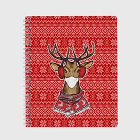 Тетрадь с принтом Deer in a medical mask в Тюмени, 100% бумага | 48 листов, плотность листов — 60 г/м2, плотность картонной обложки — 250 г/м2. Листы скреплены сбоку удобной пружинной спиралью. Уголки страниц и обложки скругленные. Цвет линий — светло-серый
 | Тематика изображения на принте: deer | happy new year | new year | santa | защитный экран | корона | коронавирус | новогодний свитер | новый год | свитер | свитер с маской | свитер с оленями