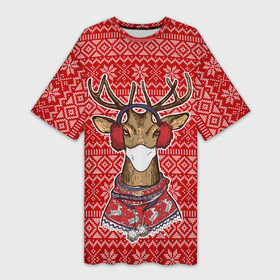Платье-футболка 3D с принтом Deer in a medical mask в Тюмени,  |  | Тематика изображения на принте: deer | happy new year | new year | santa | защитный экран | корона | коронавирус | новогодний свитер | новый год | свитер | свитер с маской | свитер с оленями
