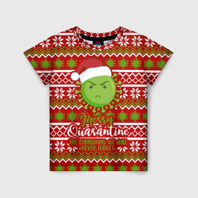 Детская футболка 3D с принтом Merry Quarantine в Тюмени, 100% гипоаллергенный полиэфир | прямой крой, круглый вырез горловины, длина до линии бедер, чуть спущенное плечо, ткань немного тянется | deer | happy new year | new year | quarantine | santa | защитный экран | карантин | корона | коронавирус | новогодний свитер | новый год | свитер | свитер с маской | свитер с оленями