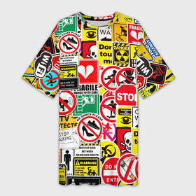 Платье-футболка 3D с принтом Запрещающие знаки в Тюмени,  |  | Тематика изображения на принте: danger | sticker bombing | запрещающие знаки | опасность | прикол | стикер бомбинг | череп
