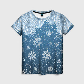 Женская футболка 3D с принтом Снежное Настроенние в Тюмени, 100% полиэфир ( синтетическое хлопкоподобное полотно) | прямой крой, круглый вырез горловины, длина до линии бедер | елочные иголки | новый год | рисунок | снег | снежинки