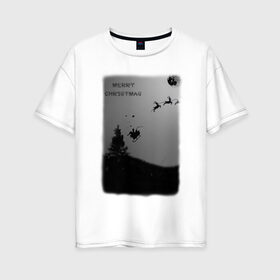 Женская футболка хлопок Oversize с принтом Merry Christmas в Тюмени, 100% хлопок | свободный крой, круглый ворот, спущенный рукав, длина до линии бедер
 | белый | ёлка | луна | новый год | черный