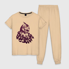 Женская пижама хлопок с принтом Сова в Тюмени, 100% хлопок | брюки и футболка прямого кроя, без карманов, на брюках мягкая резинка на поясе и по низу штанин | бохо | индейцы | кельты | лес | оранжевый | перья | сказка | сова | филин | хиппи