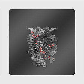 Магнит виниловый Квадрат с принтом Самурай и дракон в Тюмени, полимерный материал с магнитным слоем | размер 9*9 см, закругленные углы | cherry | flower petals | helmet | japan | katana | ronin | sakura | samurai | вишня | катана | лепестки цветка | ронин | сакура | самурай | шлем | япония