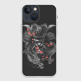 Чехол для iPhone 13 mini с принтом Самурай и дракон в Тюмени,  |  | cherry | flower petals | helmet | japan | katana | ronin | sakura | samurai | вишня | катана | лепестки цветка | ронин | сакура | самурай | шлем | япония