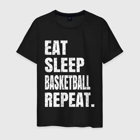 Мужская футболка хлопок с принтом EAT SLEEP BASKETBALL REPEAT в Тюмени, 100% хлопок | прямой крой, круглый вырез горловины, длина до линии бедер, слегка спущенное плечо. | Тематика изображения на принте: basketball | bulls.miami | cavaliers | chicago | cleveland | clippers | eat | lakers | los angeles | nba | repeat | sleep | sport | sports | баскетбол | нба | спорт