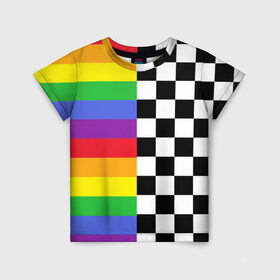 Детская футболка 3D с принтом Rainbow в Тюмени, 100% гипоаллергенный полиэфир | прямой крой, круглый вырез горловины, длина до линии бедер, чуть спущенное плечо, ткань немного тянется | Тематика изображения на принте: музыкант | паттерн | полосы | радуга | реп | рэп | текаши | шахматы | шашки