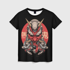 Женская футболка 3D с принтом Cyber Oni Samurai в Тюмени, 100% полиэфир ( синтетическое хлопкоподобное полотно) | прямой крой, круглый вырез горловины, длина до линии бедер | 2077 | art | blood | cyber | cyberpunk | dead | death | demon | japan | mask | ninja | oni | samurai | shadow | shogun | tokyo | warior | арт | воин | война | демон | катана | кибер | киберпанк | кровь | маска | мертвый | ниндзя | путь | самурай