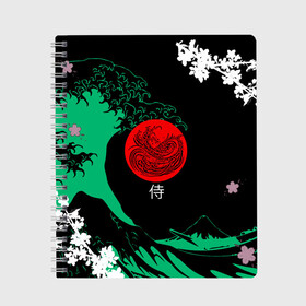 Тетрадь с принтом Japanese style в Тюмени, 100% бумага | 48 листов, плотность листов — 60 г/м2, плотность картонной обложки — 250 г/м2. Листы скреплены сбоку удобной пружинной спиралью. Уголки страниц и обложки скругленные. Цвет линий — светло-серый
 | ninja | samurai | больгая волна | дракон | иероглиф | ниндзя | природа | самурай | япония | японское искусство