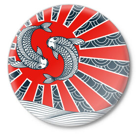 Значок с принтом Карпы Кои в Тюмени,  металл | круглая форма, металлическая застежка в виде булавки | Тематика изображения на принте: бамбук | инь янь | карп | кои | рыба | узор | япония