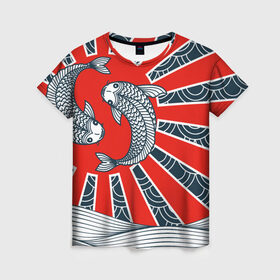 Женская футболка 3D с принтом Карпы Кои в Тюмени, 100% полиэфир ( синтетическое хлопкоподобное полотно) | прямой крой, круглый вырез горловины, длина до линии бедер | бамбук | инь янь | карп | кои | рыба | узор | япония