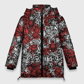 Женская зимняя куртка 3D с принтом Красные и Белые самураи в Тюмени, верх — 100% полиэстер; подкладка — 100% полиэстер; утеплитель — 100% полиэстер | длина ниже бедра, силуэт Оверсайз. Есть воротник-стойка, отстегивающийся капюшон и ветрозащитная планка. 

Боковые карманы с листочкой на кнопках и внутренний карман на молнии | bushido | samurai | белый | бусидо | воин | демон | красный | маска | паттерн | самурай | сёгун | япония