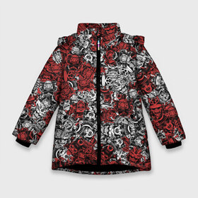 Зимняя куртка для девочек 3D с принтом Красные и Белые самураи в Тюмени, ткань верха — 100% полиэстер; подклад — 100% полиэстер, утеплитель — 100% полиэстер. | длина ниже бедра, удлиненная спинка, воротник стойка и отстегивающийся капюшон. Есть боковые карманы с листочкой на кнопках, утяжки по низу изделия и внутренний карман на молнии. 

Предусмотрены светоотражающий принт на спинке, радужный светоотражающий элемент на пуллере молнии и на резинке для утяжки. | bushido | samurai | белый | бусидо | воин | демон | красный | маска | паттерн | самурай | сёгун | япония