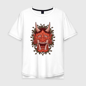 Мужская футболка хлопок Oversize с принтом Oni demon samurai mask в Тюмени, 100% хлопок | свободный крой, круглый ворот, “спинка” длиннее передней части | Тематика изображения на принте: art | cyberpunk samurai | ninja | oni | ronin | samurai | shogun | yakuza | арт | воин | воитель | демон | киберпанк самурай | мерч | мужик | мужчина | они | путь воина | путь война | ронин | сёгун | сепукку | токио | черный самурай