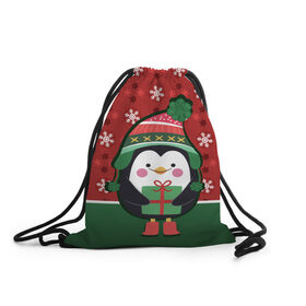 Рюкзак-мешок 3D с принтом Пингвин. Новый год в Тюмени, 100% полиэстер | плотность ткани — 200 г/м2, размер — 35 х 45 см; лямки — толстые шнурки, застежка на шнуровке, без карманов и подкладки | зима | новый год | паттерн | пингвин | подарок | праздник | снежинки