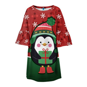 Детское платье 3D с принтом Пингвин. Новый год в Тюмени, 100% полиэстер | прямой силуэт, чуть расширенный к низу. Круглая горловина, на рукавах — воланы | зима | новый год | паттерн | пингвин | подарок | праздник | снежинки