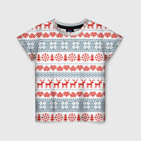Детская футболка 3D с принтом Новогодний пиксельный узор в Тюмени, 100% гипоаллергенный полиэфир | прямой крой, круглый вырез горловины, длина до линии бедер, чуть спущенное плечо, ткань немного тянется | christmas | deer | hearts | new year | pattern | pixels | snowflakes | trees | елки | новый год | олени | пиксели | рождество | сердечки | снежинки | узор
