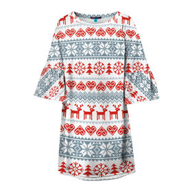 Детское платье 3D с принтом Новогодний пиксельный узор в Тюмени, 100% полиэстер | прямой силуэт, чуть расширенный к низу. Круглая горловина, на рукавах — воланы | christmas | deer | hearts | new year | pattern | pixels | snowflakes | trees | елки | новый год | олени | пиксели | рождество | сердечки | снежинки | узор