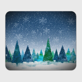 Прямоугольный коврик для мышки с принтом Снежинки в лесу в Тюмени, натуральный каучук | размер 230 х 185 мм; запечатка лицевой стороны | Тематика изображения на принте: winter | елки | елки в лесу | зимний лес | новогодняя | новый год | снежинки