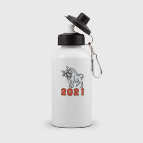 Бутылка спортивная с принтом Металлический бык - 2021 в Тюмени, металл | емкость — 500 мл, в комплекте две пластиковые крышки и карабин для крепления | Тематика изображения на принте: 