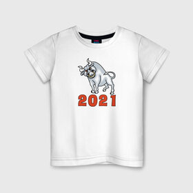 Детская футболка хлопок с принтом Металлический бык - 2021 в Тюмени, 100% хлопок | круглый вырез горловины, полуприлегающий силуэт, длина до линии бедер | 