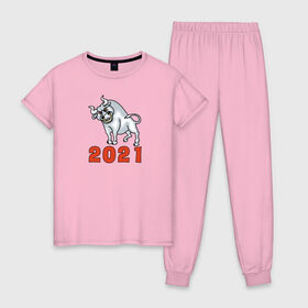 Женская пижама хлопок с принтом Металлический бык - 2021 в Тюмени, 100% хлопок | брюки и футболка прямого кроя, без карманов, на брюках мягкая резинка на поясе и по низу штанин | 