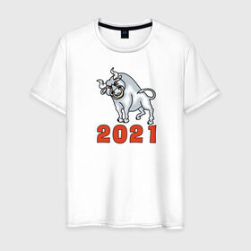 Мужская футболка хлопок с принтом Металлический бык - 2021 в Тюмени, 100% хлопок | прямой крой, круглый вырез горловины, длина до линии бедер, слегка спущенное плечо. | Тематика изображения на принте: 