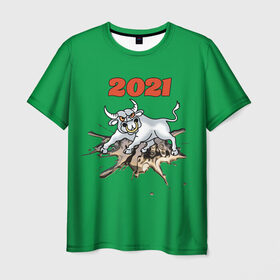 Мужская футболка 3D с принтом Белый бык - 2021 в Тюмени, 100% полиэфир | прямой крой, круглый вырез горловины, длина до линии бедер | Тематика изображения на принте: 
